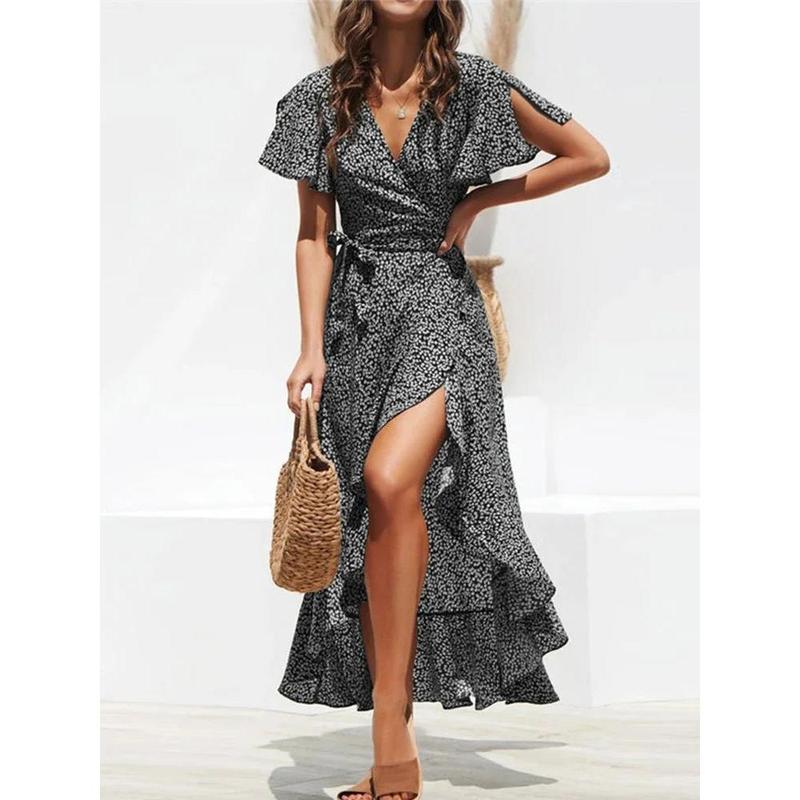 Summer Beach Maxi Dress Women Floral Print Boho Long Chiffon Dress Ruffles Wrap Casual V-Neck Split Sexy Party Dress Robe Femme 3