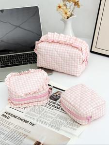 Plaid Pattern Makeup Bag Set, Cute Mini Makeup Bag with Ruffle Design, Fashion Makeup Bag, Travel Holiday Makeup Bag, Makeup Organizer Makeup Bag