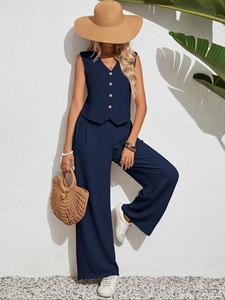 Women's Solid Color Tank Top & Wide Leg Pants Set, Casual Sleeveless Top & Trousers for Summer, Ladies Clothes for Daily Wear