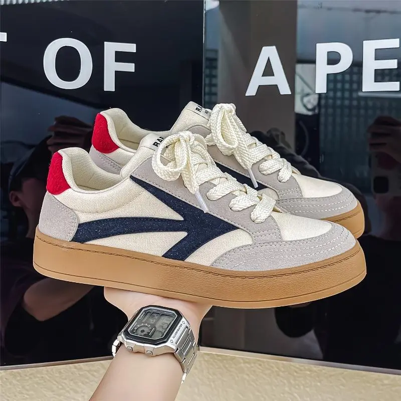Men's 2024 Vintage-Style Skateboarding Sneakers - Low Top Korean Trendy Sports Shoes, All-Season Canvas Upper, Rubber Sole & Insole, Lace-Up Round Toe for Everyday Casual Wear and Roller Skating 7