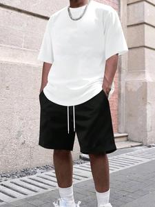 Two-Piece Set Men's Solid Short Sleeve Tee & Drawstring Waist Shorts Set, Casual Round Neck T-shirt & Track Shorts, Summer Clothes Set for Men