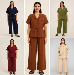 Findfashion Women's Two Piece Linen Collard V-Neck Top And Wide Leg Panys Co-Ord Set For Ladies One Size Fits UK 8-16