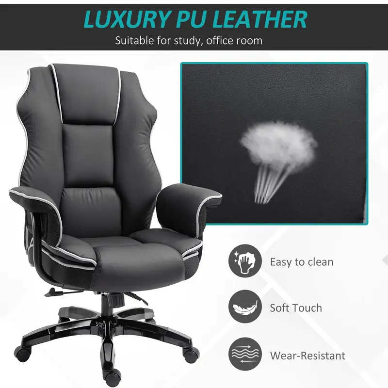 Vinsetto Piped PU Leather Padded High-Back Computer Office Gaming Chair Swivel Desk Seat Ergonomic Recliner w/ Armrests Adjustable Seat Height Black 6