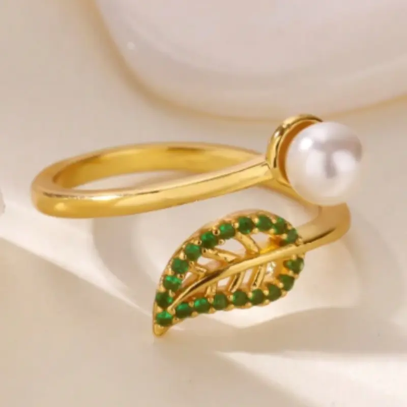 Open Zirconia Leaf Rings for Women Adjustable Gold Pearl Ring 2025 New Fashion Wedding Jewelry Gift for Couple 1