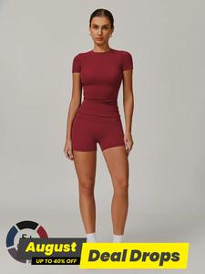 Women's Solid Ribbed Crop Tee & High Waist Skinny Shorts Set, Sporty Breathable Quick Drying for Yoga Gym Workout Running, Ladies Sportswear for All Seasons