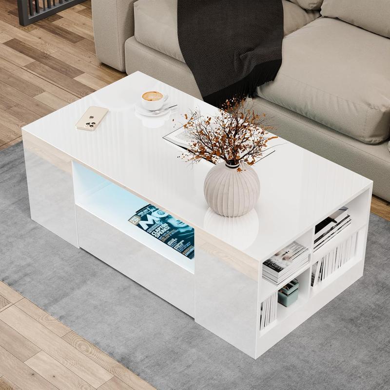 Coffee Table with 2 Drawer Storage, High Gloss Coffee Table for Living Room Wooden Centre Table with RGB Led Lights Rectangle Tea Table for Living Room Furniture, White 8
