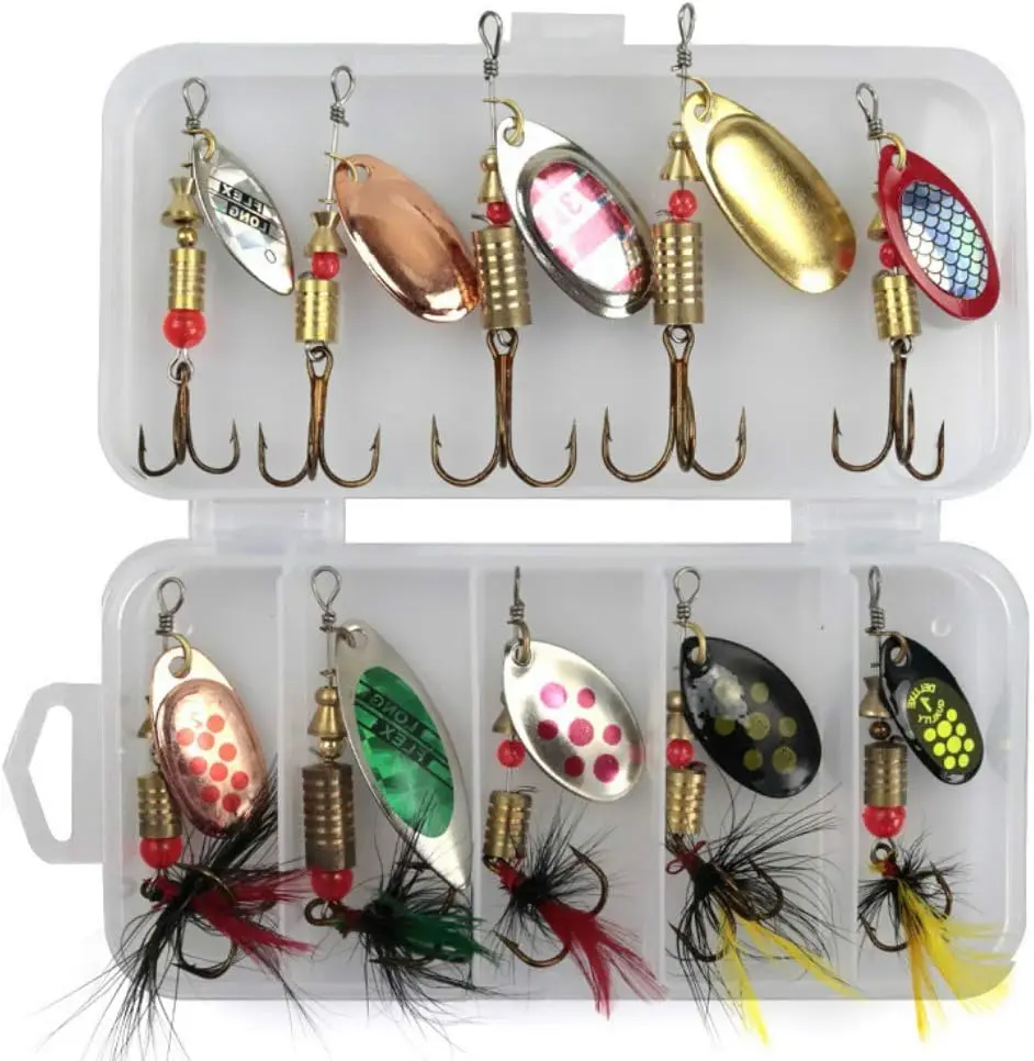 Spinner Bait Set- 10Pcs Multi Colored Fishing Spinners Lures Spoon Baits Fishing Lure Crankbaits Set for Trout Pike Bass Salmon with Box