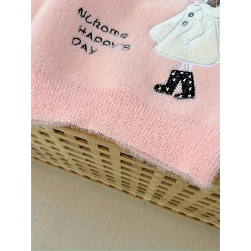 Girls' Imitation Mink Plush Sweater - High Neck Floral Print Pullover with Snowflake Design & "None So Happy’s Day" Text, Cozy Winter Knit Top for Youngsters, Hand Wash Only, Sweaters for Girls, Youngsters's Winter Wear,Soft Texture Fabric 8