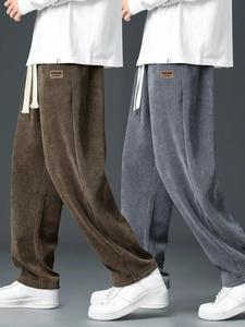 Men's Letter Label Patched Drawstring Waist Corduroy Pants, Casual Comfy Straight Leg Trousers for Fall & Winter, Men's Bottoms for Daily Wear