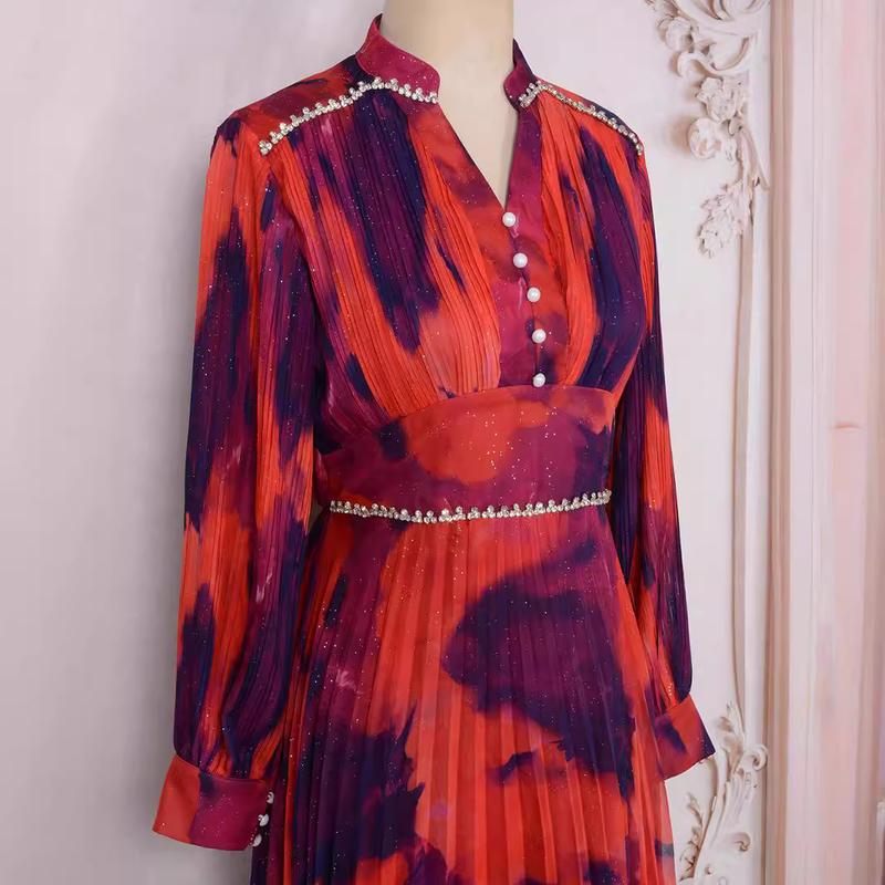 2025 Women's New Muslim Fashion Long Sleeve Loose Diamond-Studded Pink Party Dress 3
