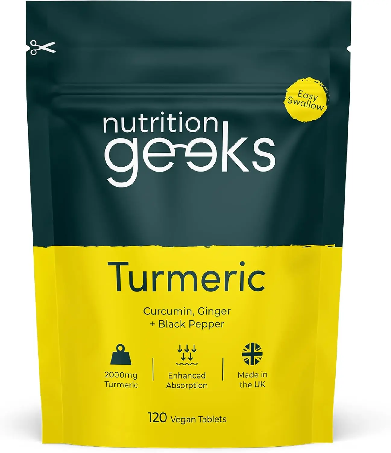 Turmeric Tablets 2000mg with Black Pepper & Ginger | 120 High Strength Curcumin Supplements | Easy Swallow Tablets (Not Turmeric Capsules or Powder) | Vegan and Gluten Free | UK Made