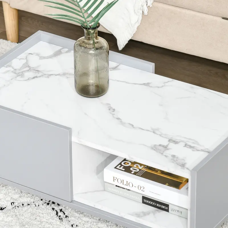 HOMCOM White Coffee Table with Faux Marble Top, 2-Tier Wood Center Table Sofa Table with Storage Drawer and Shelf for Home Living Room Reception Room 8