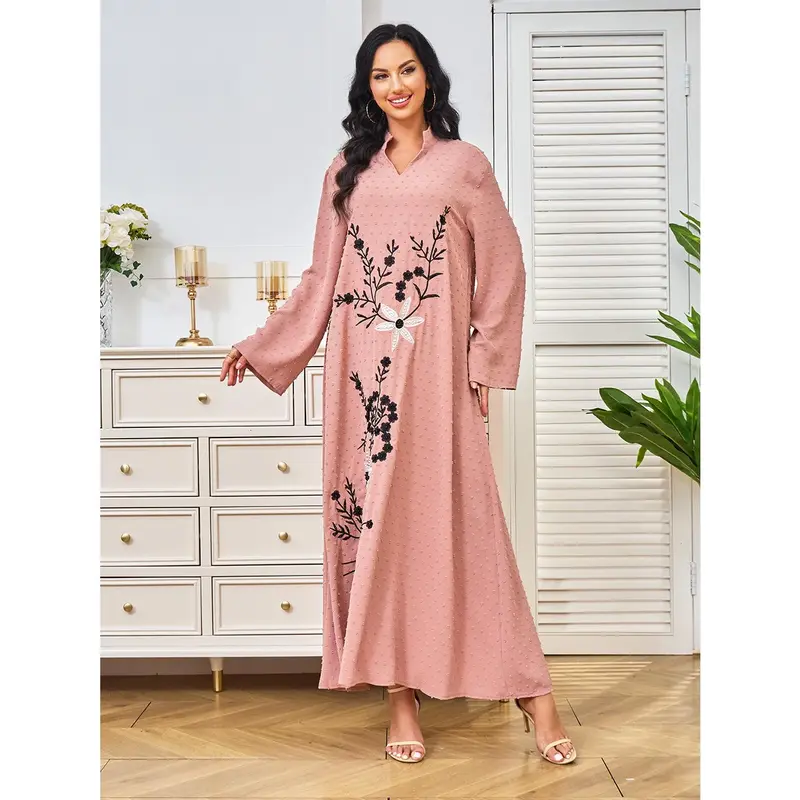 2025 Middle East Dubai Women's Robe Autumn New Arrival Embroidery Beads Pink Abaya Dress Dress 7