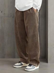 Men's Solid Drawstring Waist Corduroy Pants, Loose Casual Comfy Pocket Straight Leg Trousers for Fall & Winter, Men's Bottoms for Daily Wear