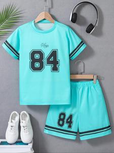 Boy's Number Print Jersey & Track Shorts Set, Short Sleeve Round Neck Tee & Contrast Binding Shorts, Casual Two-piece Outfits for Kids Summer