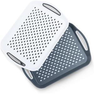 2-Pack Serving Tray Set – Non-Slip Lap Boards with Grip Handles, Ideal for Food Prep, Tea, Breakfast in Bed – Plastic Tray for Stable Dining – Dishwasher Safe (Grey/White) Plates Sturdy