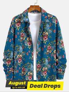 Men's Floral Print Button Zipper Jacket, Loose Classic Casual Long Sleeve Collared Outerwear for Fall & Winter, Men's Clothes for Daily Wear, Jackets for Men, Coat, Longsleeves, Menswear, Casual Comfy Jacket, Casual Style Outerwear, Loose Fit Jacket