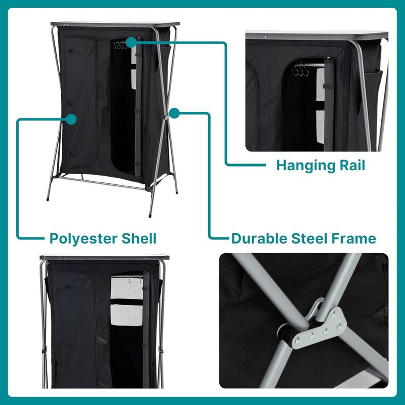 Wardrobe with 5 Shelves, Hanging Rail & Side Pockets, Steel Frame, Easy to Assemble, Portable, Folding, Collapsible, Ideal for Camping and Festivals, includes Carry Bag, Black 4