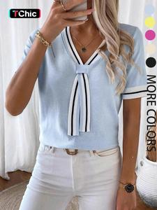 Women's Colorblock Striped Shortsleeve Vneck Knit Top, Casual Elegant Classy Fashion Chic Fitted Short Sleeve Top for Summer, Ladies Clothes for Daily Wear, Womenswear, Knitwear, Breathable Top, Sleeved