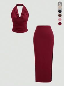 Two-piece Set Women's Solid Color Halter Neck Top & Skirt, Casual Fashion Cozy Two-piece for Daily Outdoor Wear, Ladies Clothes for Summer, Womenswear, Casual Matching Set