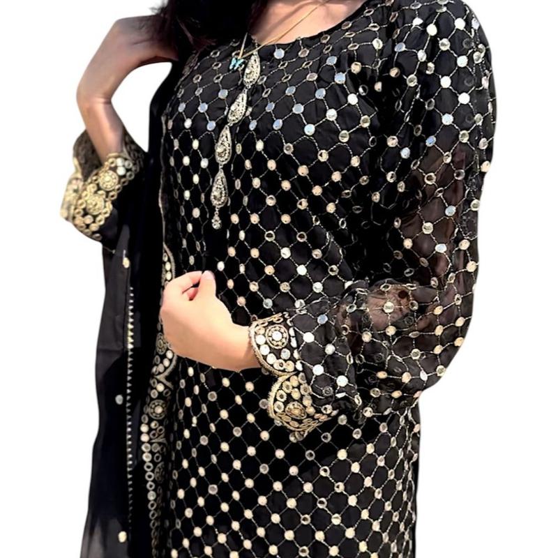 MI CLOSET  PERSENT ON EID COLLECTION with chiffon shirt and dupata emboidry tilla and sheesha work on allover sher and borders matha pati with heavy work with on neck fancy stud pati beauti full article grip inner silk palazo sharara style tailor stitch 7