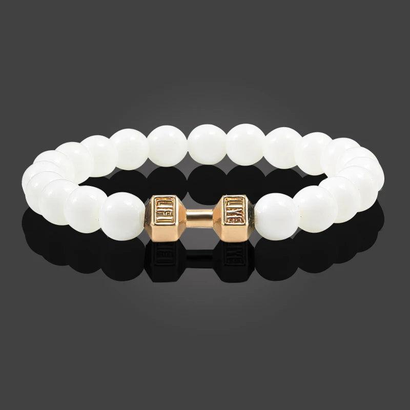Natural Volcanic Stone Bracelet Men Matte Black Lave White Beads Charm Dumbbell Strand Bracelets Women Barbell Fitness Jewelry 4