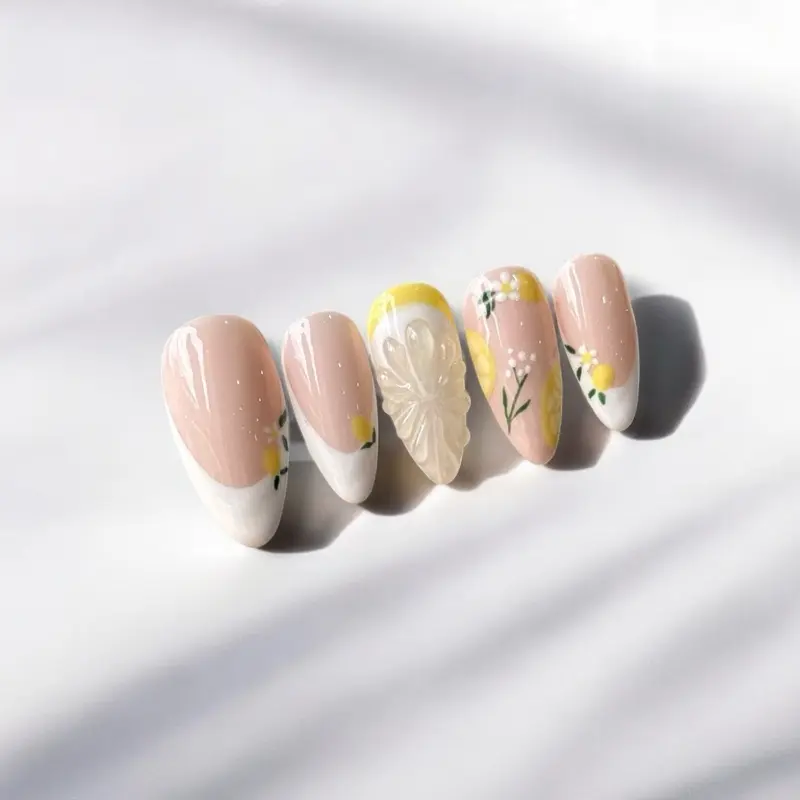 Lemon Blossom Press-On Nails | Spring Floral 3D Leaf Accent | Handmade Pastel French Tips 1