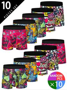 Random Men's Graffiti Print Boxer Brief, Casual Comfy Breathable Underwear for Daily Wear, Mens Underwear for All Seasons, Stretchy Boxer Briefs