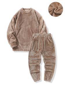 Men's Solid Long Sleeve Fuzzy Pullover & Drawstring Waist Pants Set, Casual Round Neck Top & Pocket Trousers, Men's Fall & Winter Clothes