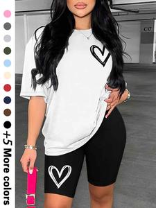 Women's Heart Print Drop Shoulder Tee & Elastic Waist Shorts, Lady Casual Fashion Cozy Half Sleeve T-shirt & Skinny Shorts for Daily Outdoor Wear, Women Clothing for Summer, Womenswear