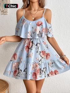 Women's Floral Print Cold Shoulder Dress, Boho Fashion Casual Dress for Daily Holiday Vacation Wear, Ladies Dress for Summer, Bohemian Womenswear