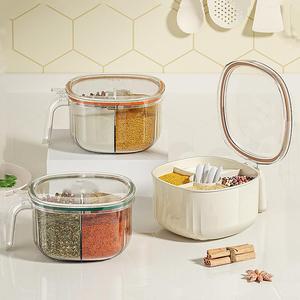 Seasoning Box with Lid & Handle, 1 Count Multi Grid Sealed Moisture-proof Storage Box with Spoon, Leakproof Container, Kitchen Organizer, Kitchen Accessories, Grain Storage Seasoning Containers