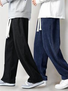 Men's Solid Drawstring Waist Corduroy Pants, Casual Comfy Straight Leg Trousers for Fall & Winter, Men's Bottoms for Daily Wear