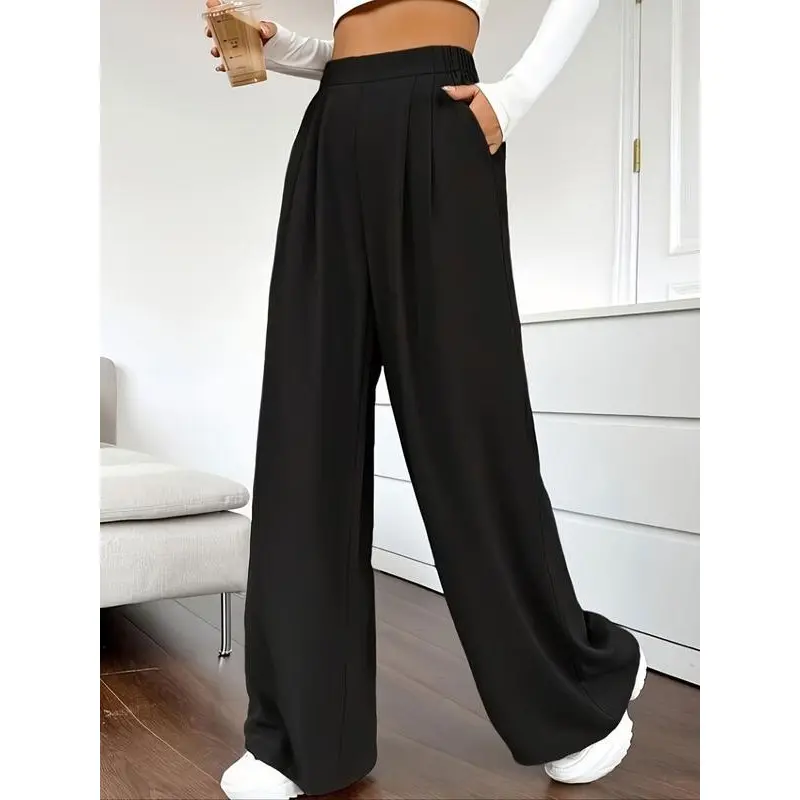 Women's Solid Pocket Elastic Waist Wide Leg Pants, Casual Comfy Trousers for Daily Wear, Trousers for Women, Ladies Bottoms for All Seasons Womenswear Comfort Basic Minimalist Black 4