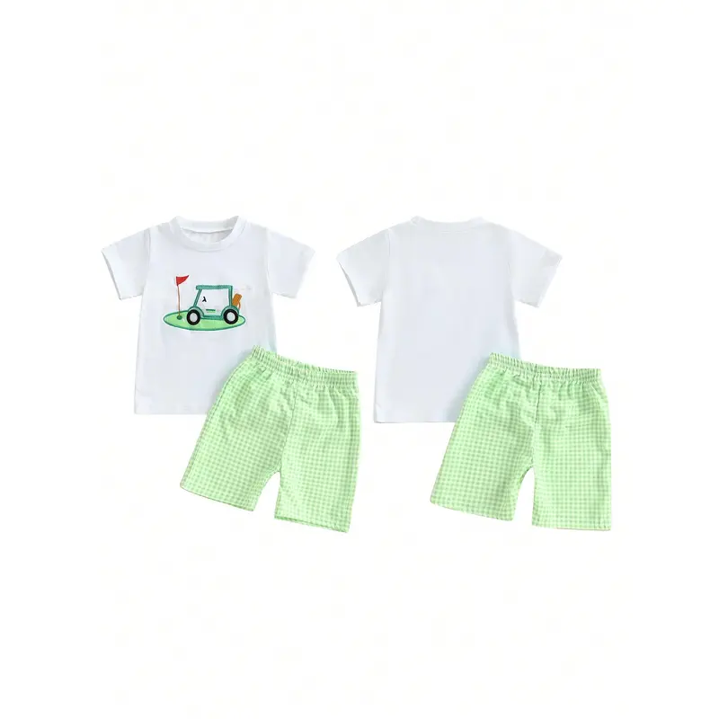Boys Summer Shorts Sets Short Sleeve O Neck Chick/Golf Court/Cattle Head Embroidery Tops Plaid Shorts Sets 6