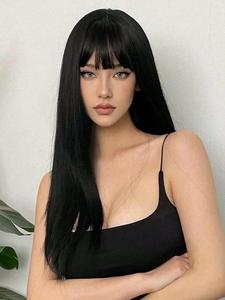 Fashion Straight Human Hair Wigs with Bangs, 180% Density Natural Black Full Machine Wigs, Glueless Wigs for Women Daily Use