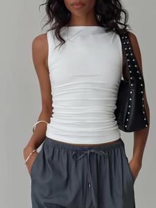 Women's Plain Ruched Round Neck Tank Top, Casual Sleeveless Top for Daily Wear, Ladies Clothes for All Seasons