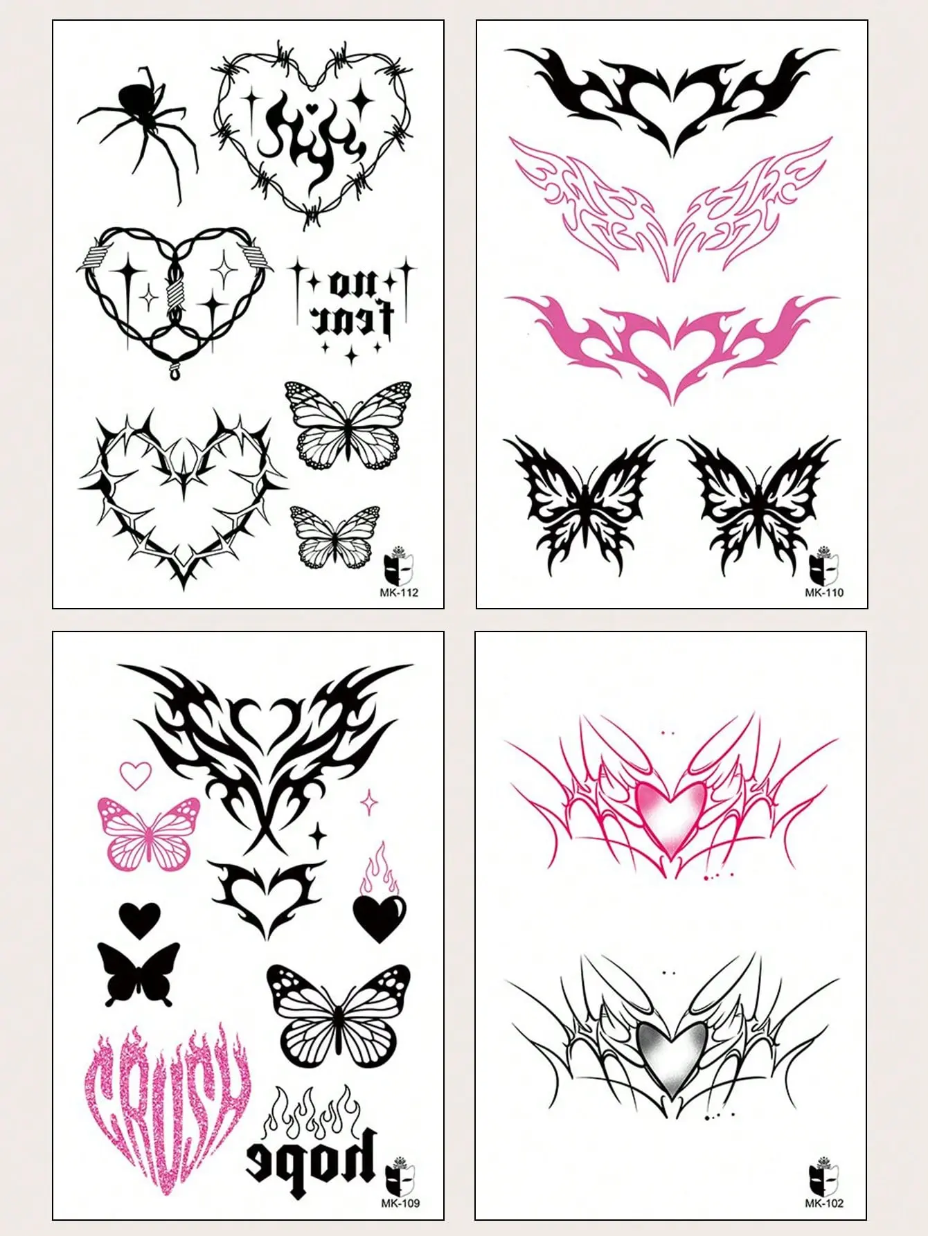 4pcs Y2K Temporary Tattoo Stickers – Black & Pink Butterfly, Heart, Spider Designs – Stylish Waterproof Tattoos for Wrist, Chest, Abdomen, Back & Full Body