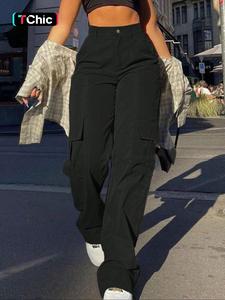 Women's Plain Flap Pocket Button Cargo Pants, Casual Street High Waist Trousers for Daily Wear, Ladies Bottoms for All Seasons