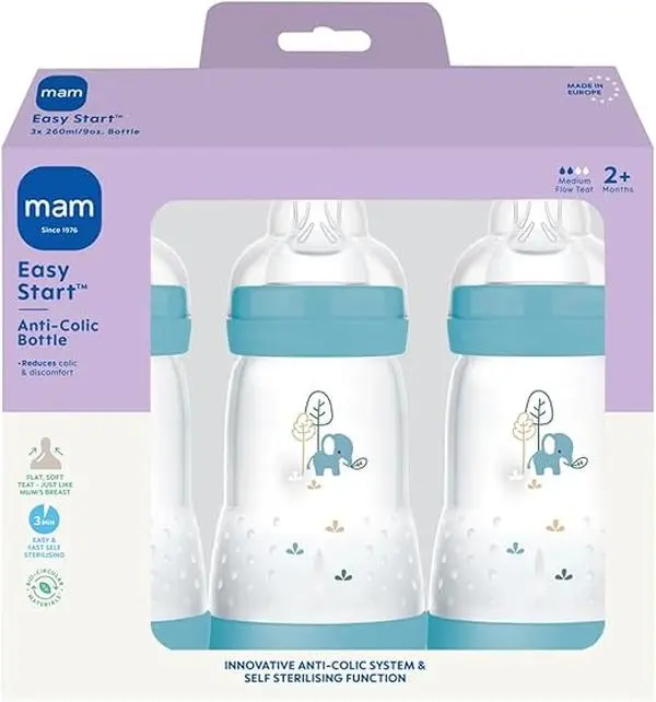 MAM Easy Start Anti-Colic Baby Bottles | 3 Pack (3 x 260) | Self-Sterlising Baby Milk Bottle | Medium Flow MAM Teats Size 2 | Newborn Essentials | Blue (Various Designs) 0