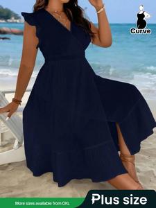 【Plus Size】Ruched Wrap Butterfly Sleeve A Line Vneck Dress, Lady Casual Classy Fashion V Neck Cap Sleeve Ruffle Hem Dress for Summer Beach Holiday, Back To School Women's Clothes for Daily Wear, Holiday Dresses, Womenswear