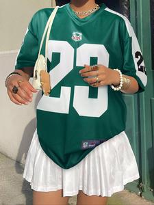 Women's Letter & Number Print V Neck Sports Tee, Casual Comfy Short Sleeve T-shirt for Summer, Sports Apparel, Women's Top for Daily Wear, Soft Fit Tops