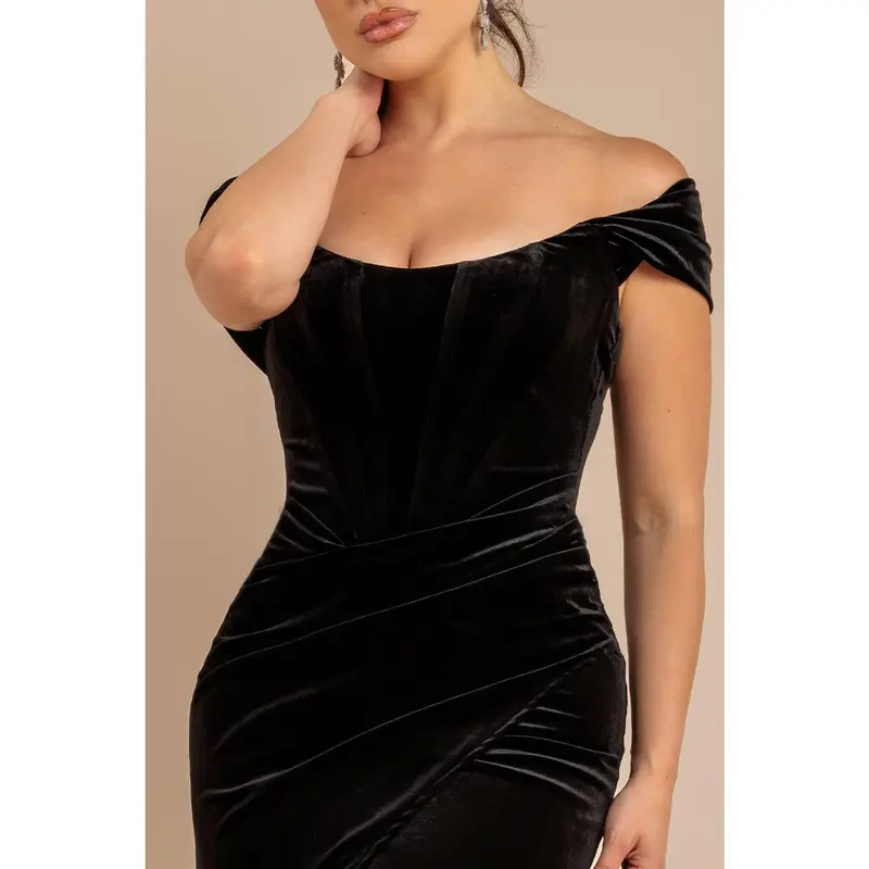 Draped Shoulder Velvet Corset Maxi Dress - Black by Goddiva 2