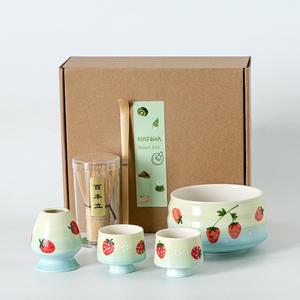 Strawberry Pattern Matcha Tea Set, 6 Counts/set Including Matcha Scoop, Matcha Bowl, Stand, Matcha Brush, Tea Making Tools for Home Office