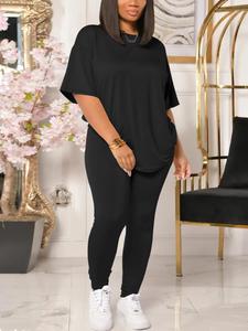 【Plus Size】 Solid Color Tee & Skinny Pants Two-Piece Set, Casual Round Neck T-Shirt & Trousers for Daily Wear, Women's Two-Piece Set for All Seasons