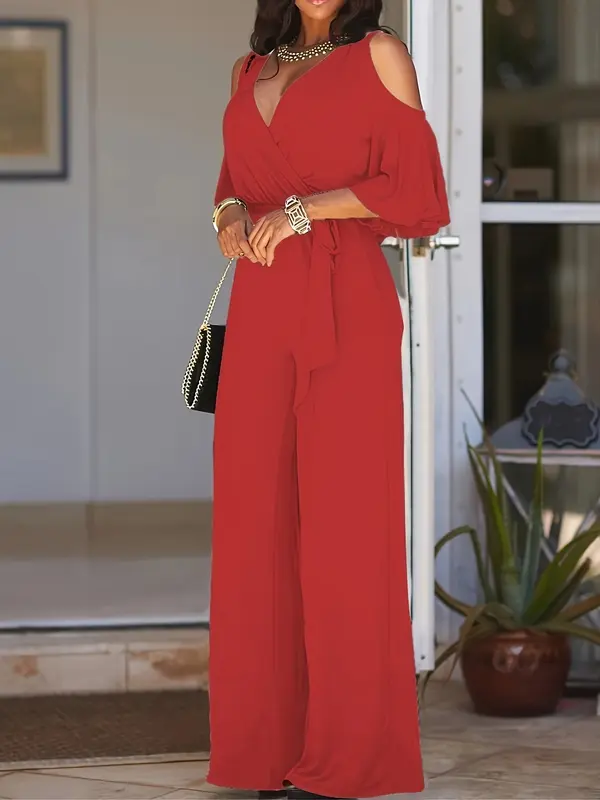 Elegant V-Neck Polyester Jumpsuit - Strapless Tie-Waist Wide Leg Romper - All-Season Vacation Style Knit Fabric 5