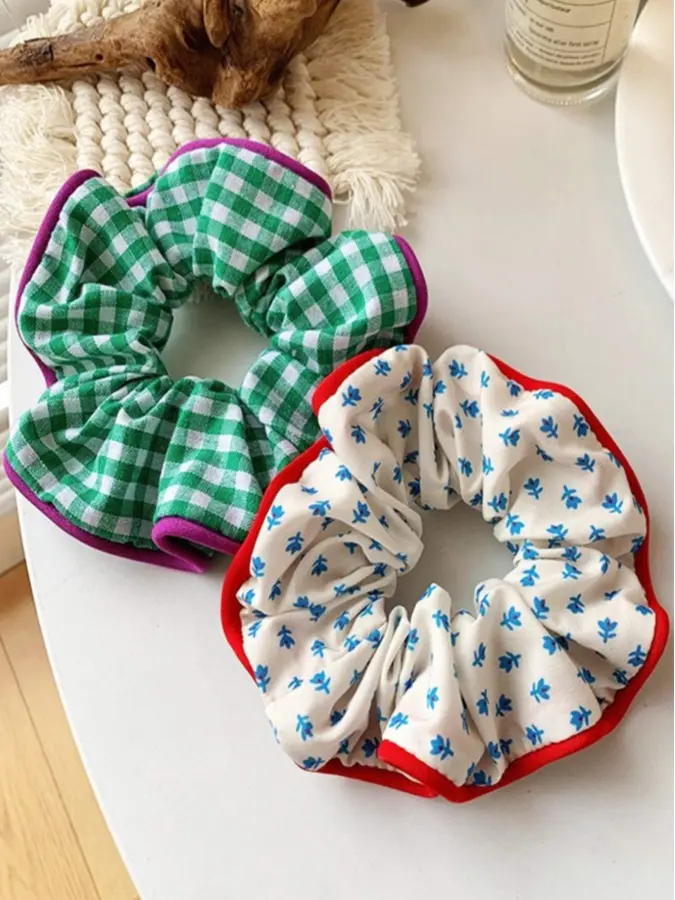 2pcs/Set Women's Personality Casual & Commuting Style Checked & Ditsy Floral Printed Cloth Bow Hair Tie Boho
