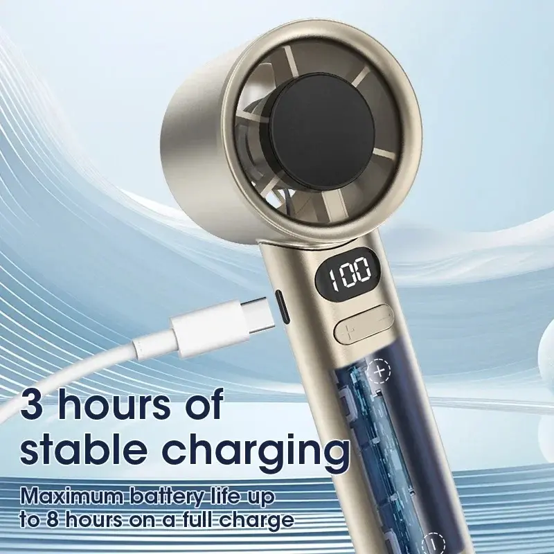 High-Speed Adjustable Handheld Desktop Fan | USB Rechargeable Turbofan with LED Display | Ultra-Quiet, Portable & Powerful | Up to 8H Battery Life | Infinitely Variable Speed Control | Ideal for Office, Travel & Home Use – Silver-Pro 5