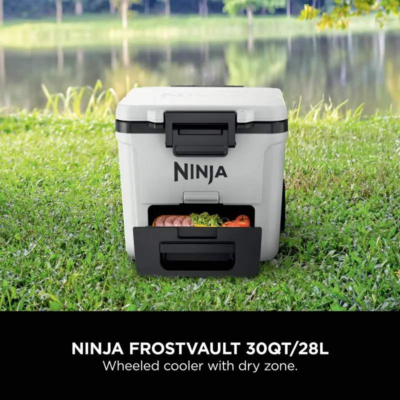 Ninja FrostVault 28L Wheeled Cooler with Dry Zone [FB230UK] Integrated Fridge-Temp Dry Storage Drawer, Premium Heavy-Duty Insulated Cooler, Keeps Ice for Days, Grey/White 5