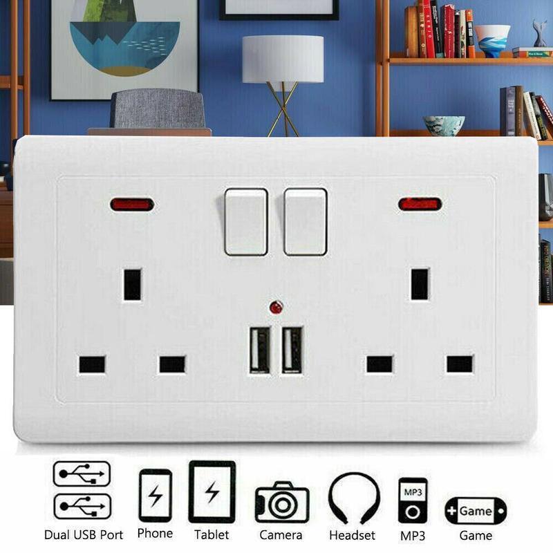 Product Introduction of Double Wall Plug Socket 2 Gang 13A w/ 2 Charger USB Ports Outlets Flat Plate UK 5